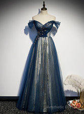 Blue Tulle Sequins Off the Shoulder Beading Prom Dress